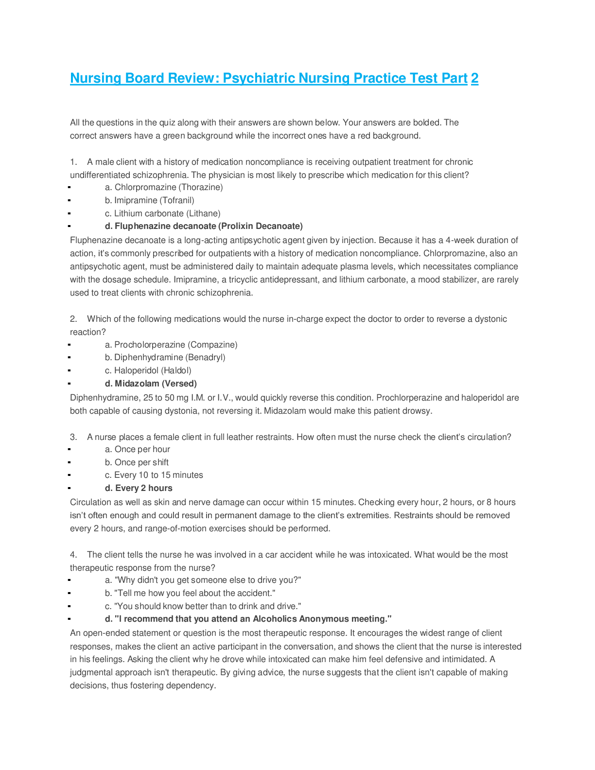 Nursing Board Review Psychiatric Nursing Practice Test Part 2